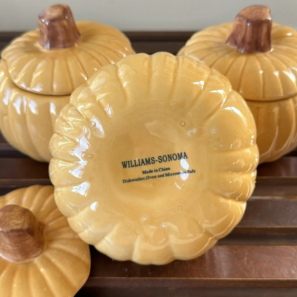 3 Williams Sonoma‎ Ceramic Pumpkin Bowls Jars with Lids Autumn Fall Decorations